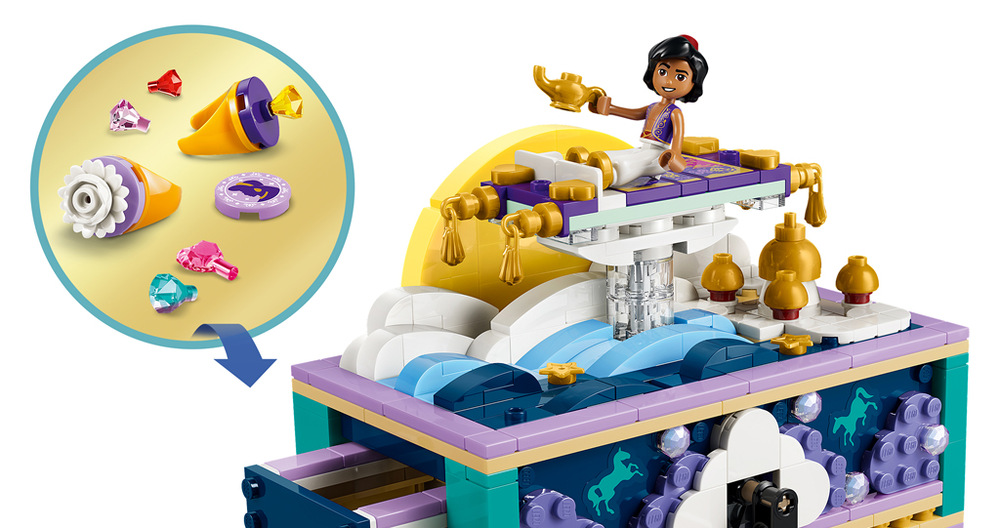 Stavebnice LEGO® │ Disney 43295 Jasmínina šperkovnice Jasmína a Aladin v podobě minipanenek přinášejí do hraní oblíbené filmové postavy i prostor pro vlastní zápletky.