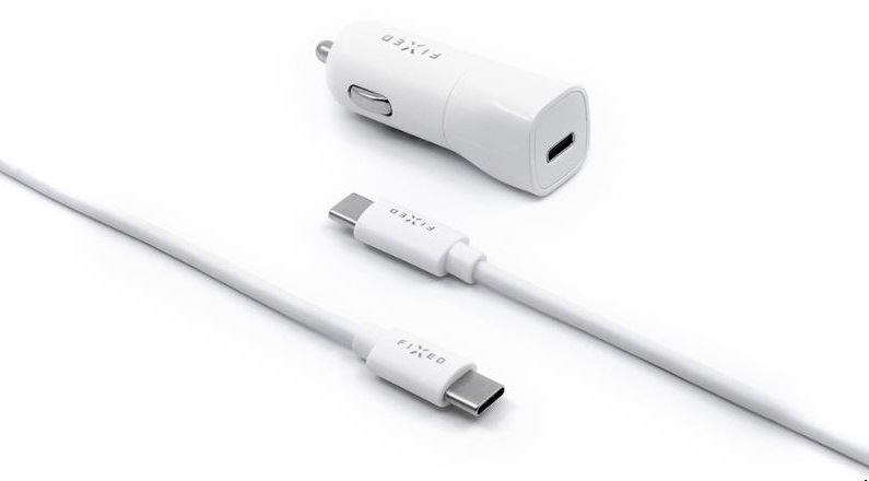 Adaptér do auta FIXED USB-C PD 18W + USB-C kabel 1m bílý Adaptér do auta FIXED USB-C PD 18 W
