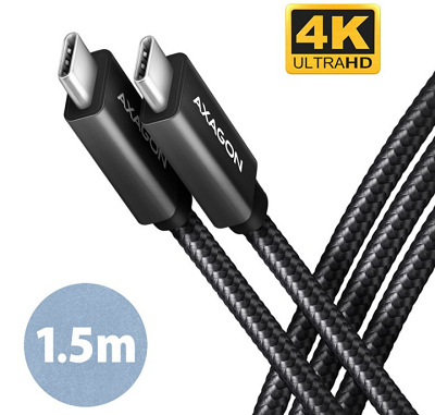 Kabel Axagon SPEED+ USB-C / USB-C, 1,5m, PD 100W, 4K HD, pletený černý AXABUCM32CM15AB