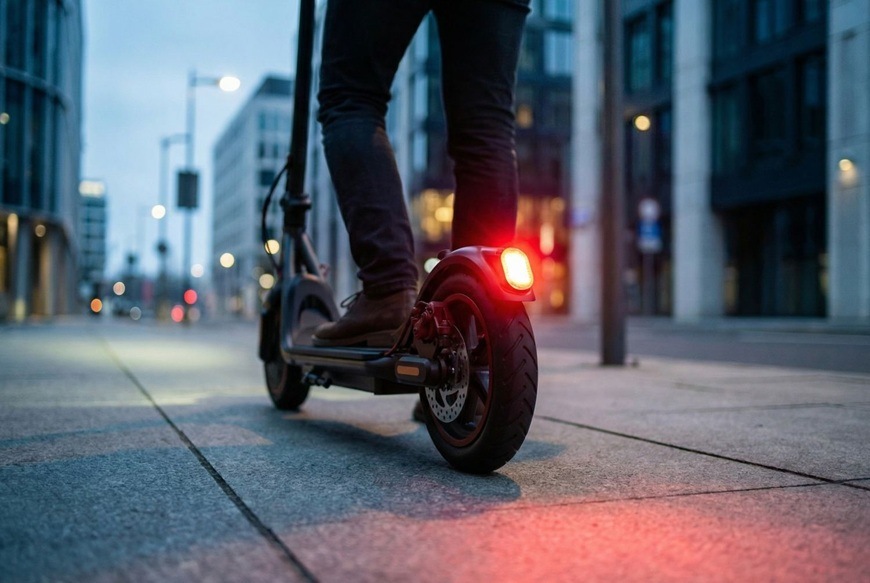 Detail zadní části elektrické koloběžky Sencor během jízdy městem za šera, kde výrazné červené zadní světlo zvyšuje viditelnost a bezpečnost. Jezdec stojí na koloběžce na prázdné ulici obklopené moderní architekturou.