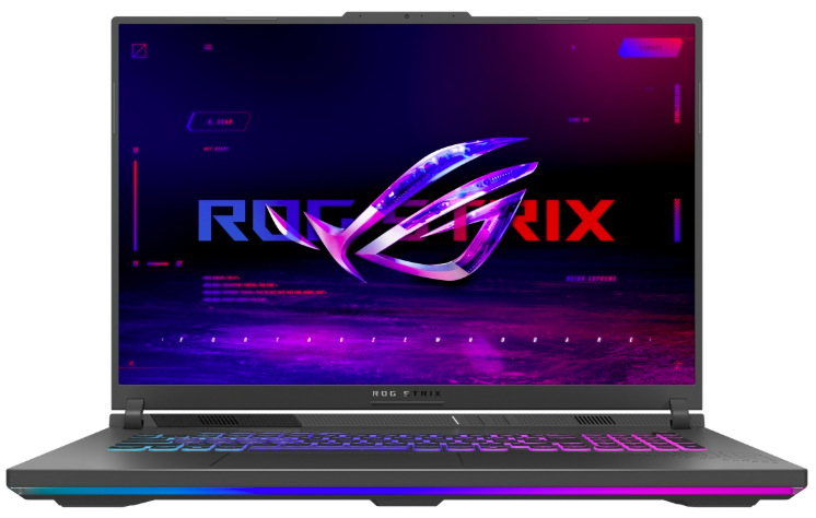 Čelní pohled na Asus ROG Strix G18 s 18" displejem a světelnou lištou