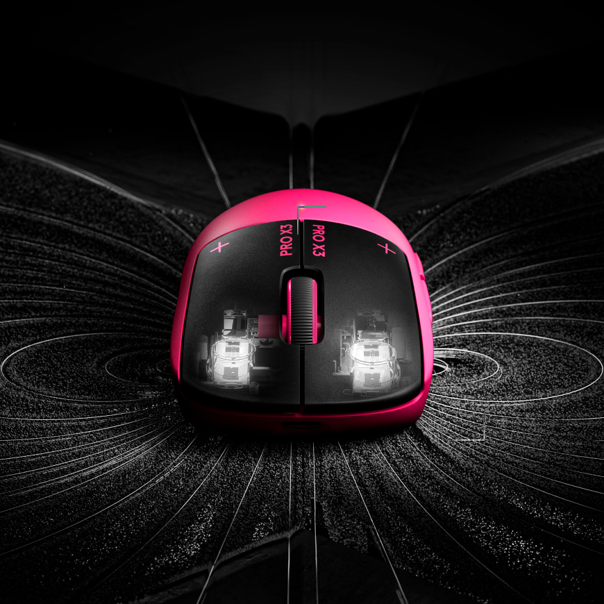 Myš Logitech G PRO X3 SUPERSTRIKE černá Myš Logitech G PRO X3 Superstrike z horního pohledu s průhledovým efektem, který ukazuje vnitřní konstrukci