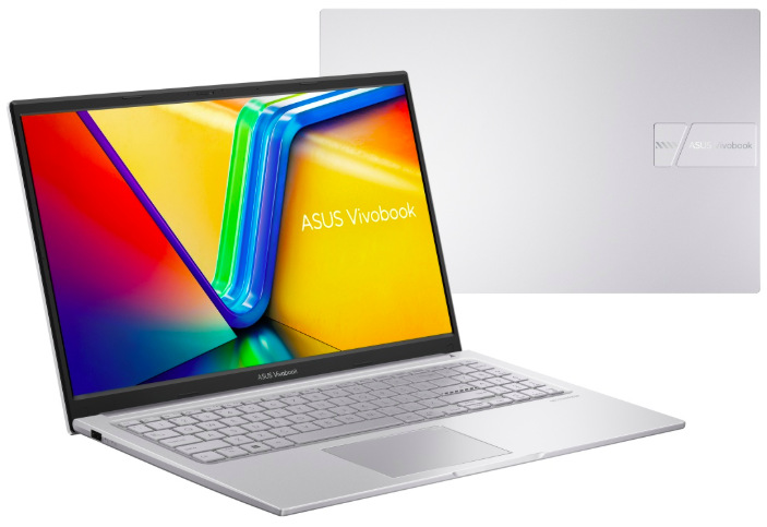 Notebook ASUS Vivobook 15 ve stříbrné barvě Quiet Blue s 15,6" displejem otevřený v pracovní poloze