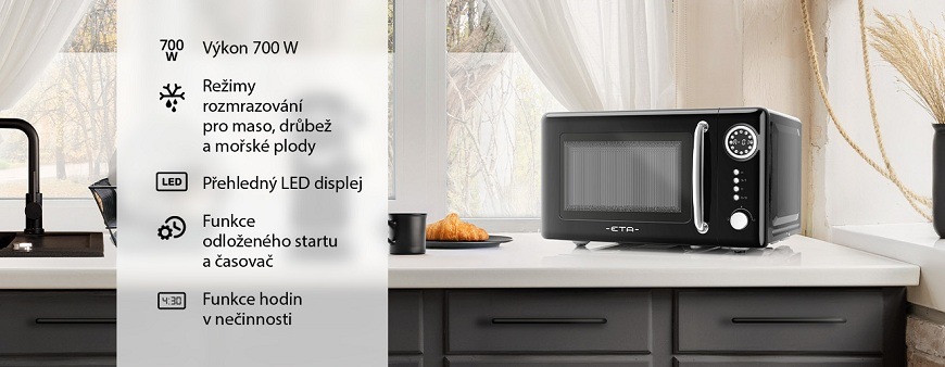 Mikrovlnná trouba ETA Storio 321090020 černá Digitální mikrovlnná trouba ETA Storio v černé barvě: přehledný LED displej, funkce odloženého startu a automatické rozmrazování masa i ryb