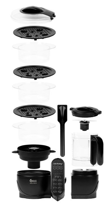 Rozložené části multifunkčního přístroje Babymoov Nutribaby+ XL pro snadnou údržbu