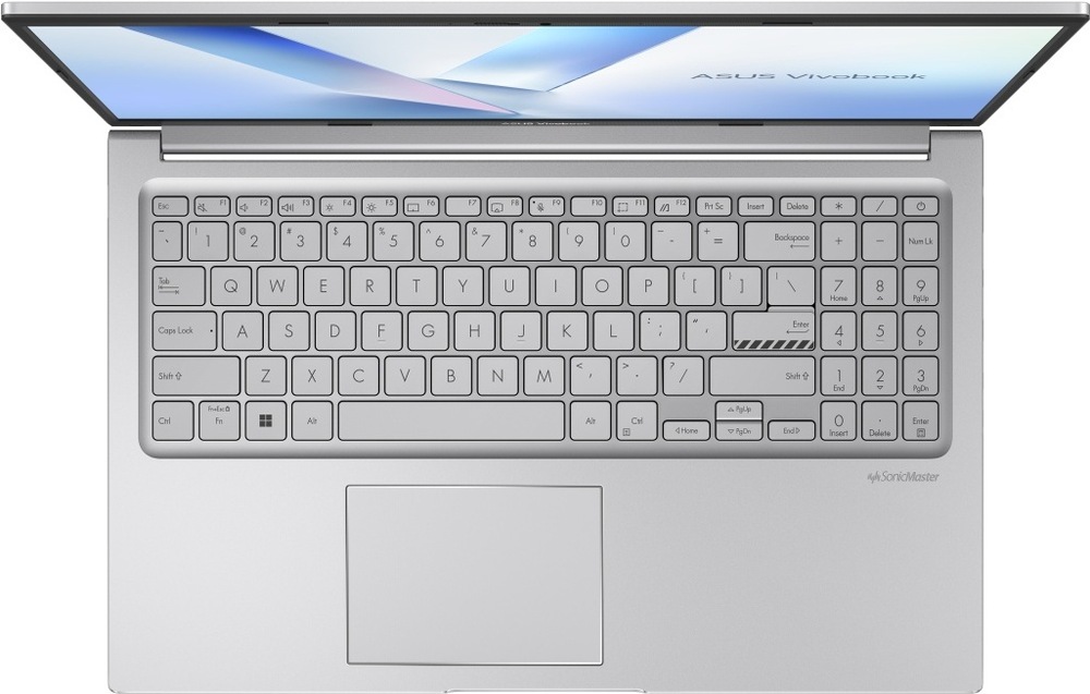Notebook Asus Vivobook 15 stříbrný Detail klávesnice notebooku ASUS Vivobook 15 s numerickou částí a prostorným touchpadem