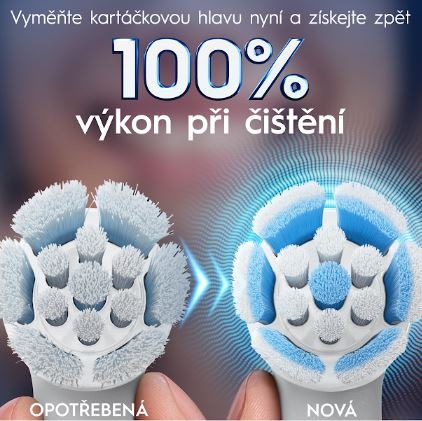 Náhradní hlavice Oral-B iO Gentle Care White (6 ks) bílá Detailní pohled na opotřebenou hlavici a novou hlavici. Pro skvělé výsledky je nutná pravidelná výměna kartáčkové hlavice.