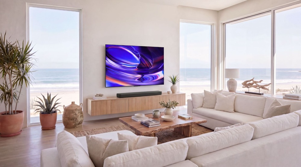 Televize Sony Bravia 6 77" Televizor Sony BRAVIA 6 umístěný na televizním stolku v moderním světlém obývacím pokoji