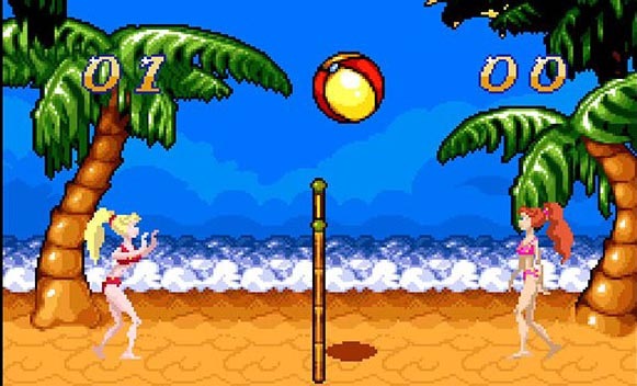 Pixel-artová scéna plážového volejbalu s blonďatou a zrzavou ženou utkávajícími se proti sobě, míčem ve vzduchu, palmami, písečným kurtem a skóre 01–00.