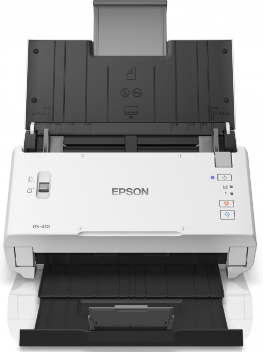 Otevřený podavač skeneru Epson WorkForce DS-410 s různými formáty papírů