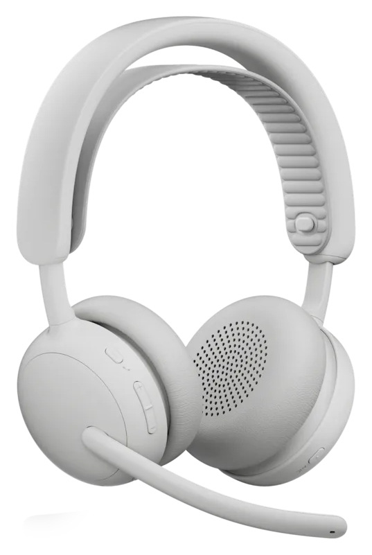 Čelní pohled na bezdrátový headset Logitech Zone Wireless 2 ES v bílé barvě s náhlavním mostem, otočným mikrofonním ramenem