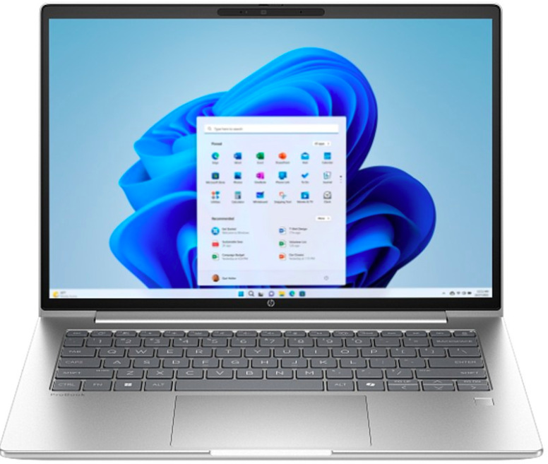 Světle stříbrný notebook HP ProBook 4 G2a 14″ R5-23 zepředu s otevřeným displejem