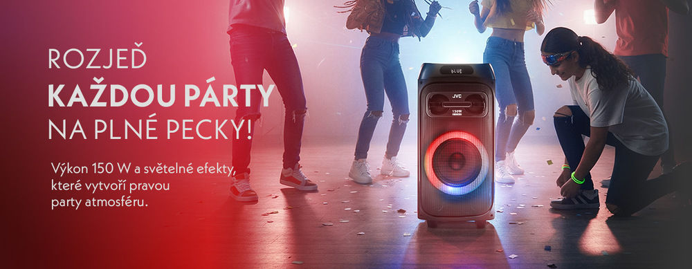 Party reproduktor JVC XS-EP514B o výkonu 150 W s kruhovým LED podsvícením. Obrázek zachycuje skupinu lidí tančících na party a podtrhuje atmosféru textem „Rozjeď každou párty na plné pecky!
