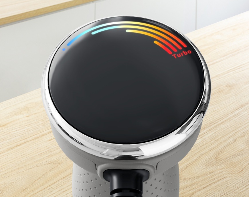 Ponorný mixér Tefal Quickchef+ HB672B30 2v1 šedý/nerez Detailní záběr na hlavu ponorného mixéru Tefal HB672B30 Quickchef+ 2v1, kde je graficky zobrazena plynulá rychlost i turbo režim