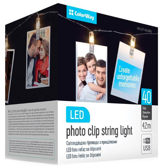 LED fotokolíčky ColorWay 40 kolíčků, délka 4,2m, USB, teplá bílá LED fotokolíčky ColorWay 40 kolíčků, délka 4,2m, USB, teplá bílá