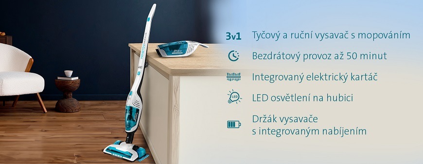 Tyčový vysavač ETA Moneto II AQUA PLUS 6453 90000 Tyčový vysavač ETA Moneto II Aqua Plus 6453 90000, výdrž, baterie