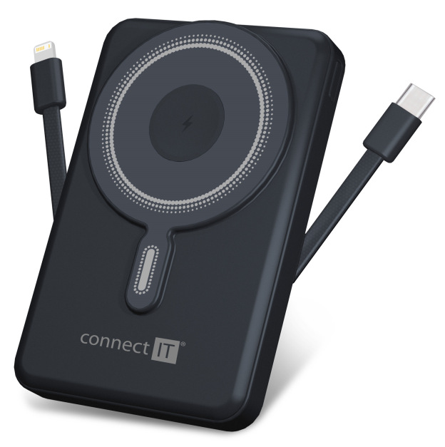 Powerbanka Connect IT TravelCharge 10000 mAh, integrovaný USB-C a Lightning kabel šedá