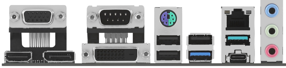 Pohled na desku ze strany portů pro připojení externích zařízení - USB-C, HDMI, DisplayPort 1.4, DVI-D, VGA, myš, audio