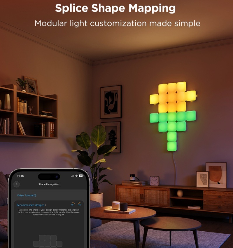 Nástěnné svítidlo Govee Smart mini RGBIC panely, Matter (10 ks) bílé Ovládání LED panelů pomocí mobilního telefonu.