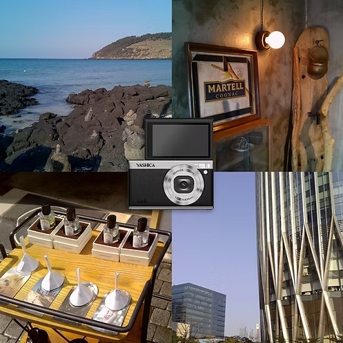 Digitální fotoaparát Yashica Tank modrý Koláž ukázkových fotografií s fotoaparátem Yashica Tank uprostřed