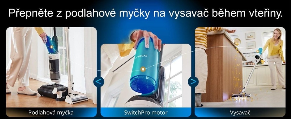 Podlahová myčka Tineco Floor One Switch S6 Stretch černá/bílá Motor SwitchPro v podlahové myčce, vytažený z těla vysavače a v tyčovém vysavači, kterým žena vysává podlahu v kuchyni.
