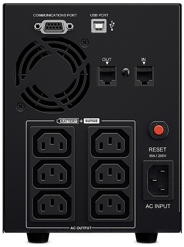 Záložní zdroj CyberPower GreenPower Value LCD UPS 2200VA/1320W černý Na obrázku je zadní strana záložního zdroje (UPS) CyberPower GreenPower Value LCD 2200VA/1320W. V horní části jsou komunikační konektory: vlevo starší komunikační port, vedle něj USB port. Pod nimi je velká kruhová mřížka ventilátoru pro chlazení. Vpravo nahoře jsou dva malé síťové konektory IN/OUT (pro průchod a ochranu datové linky). Ve spodní části je šest zásuvek pro napájení zařízení – část je označená jako BATERIE + přepěťová ochrana a část jako přepěťová ochrana. Vpravo je červené tlačítko RESET (jistič) a dole vpravo vstup pro napájecí kabel AC INPUT.