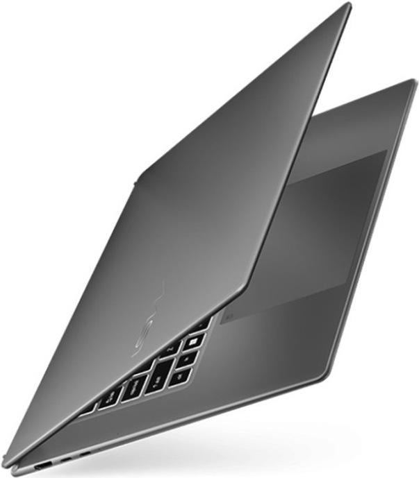 Notebook MSI Prestige 16 AI+ C3MG-240CZ šedý Pohled zezadu na tenké kovové šasi notebooku MSI Prestige 16 AI+ s moderním minimalistickým designem