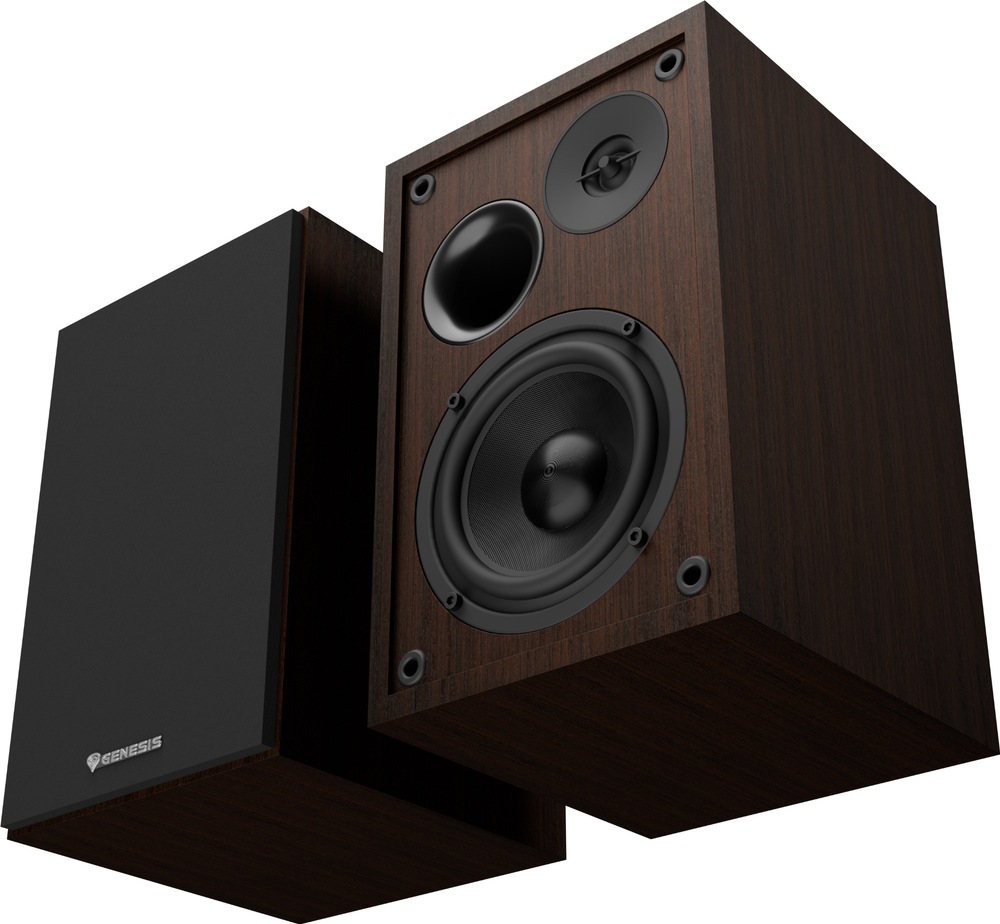 Reproduktory Genesis Arsen 302BT, 20 W hnědé Dva hnědé reproduktory Genesis při pohledu šikmo zespodu. Levý zakrývá přední mřížka, zatímco u pravého jsou odkryté basový a výškový reproduktor i otvor bassreflexu.