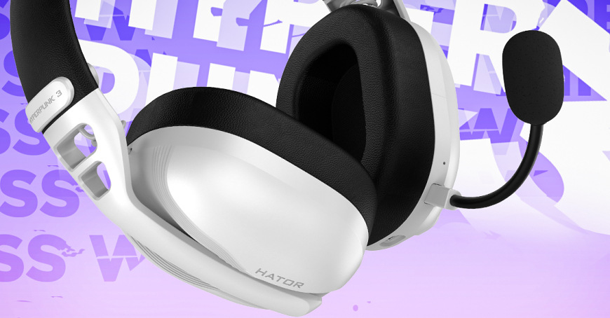 Headset HATOR Hyperpunk 3 bílý Detail náušníku, hlavového mostu a mikrofonu bílého headsetu HATOR Hyperpunk 3 Wireless