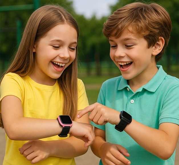 Chytré hodinky Carneo GuardKid+ 4G ULTRA 2nd gen. růžové Děti hrající si s hodinkami.