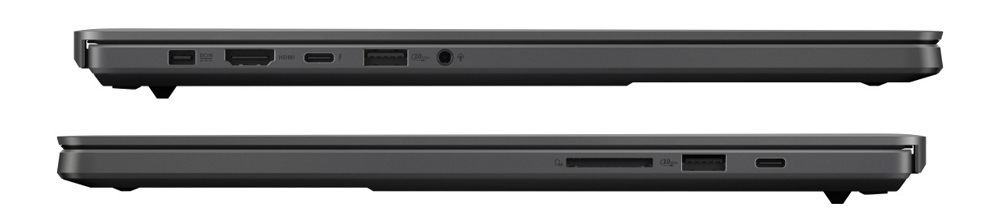 Notebook Asus ROG Zephyrus G16 šedý Zavřený notebook Asus ROG Zephyrus G16 z obou profilů s portovou výbavou