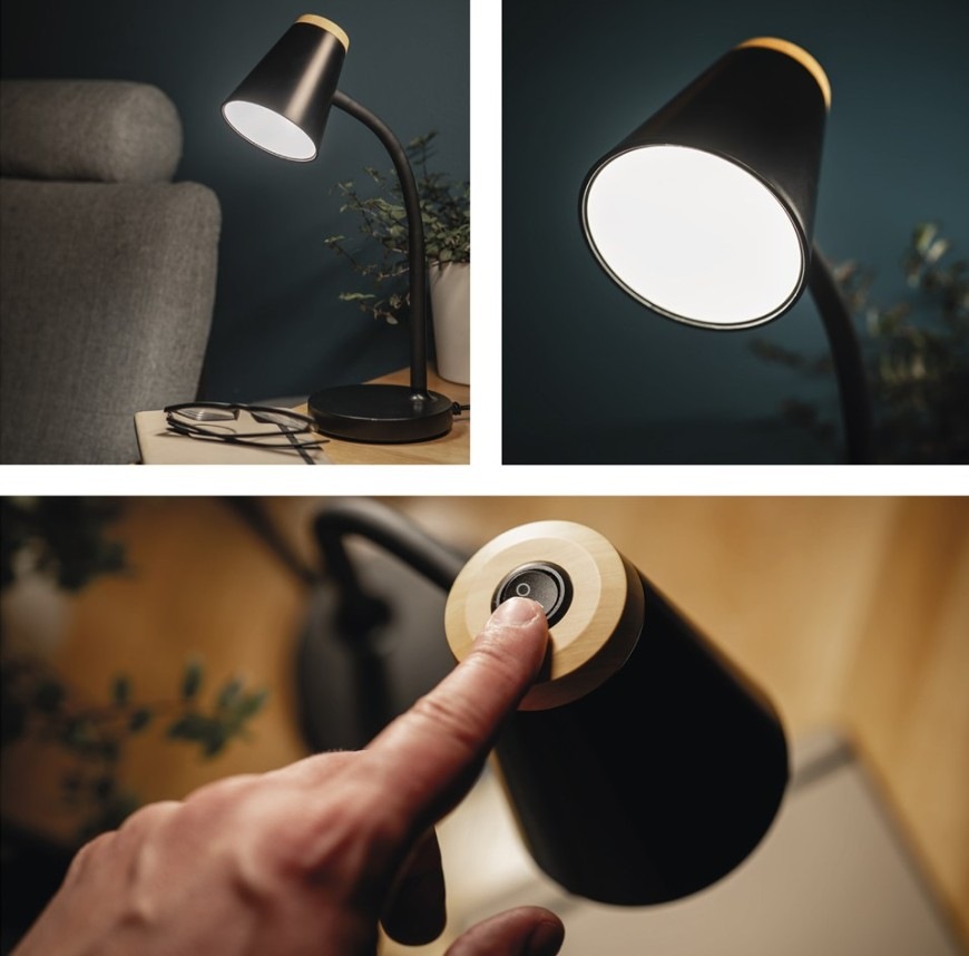 Stolní LED lampička EMOS Tara, 5 W, LED integrované, IP20 černá Koláž fotografií stolní LED lampičky EMOS Tara v černé barvě