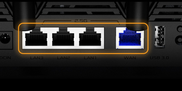 Router Asus TUF-BE6500 (BE6500) WiFi 7 Extendable Gaming, AiMesh černý Asus TUF-BE6500 má hned čtyři 2,5GbE porty