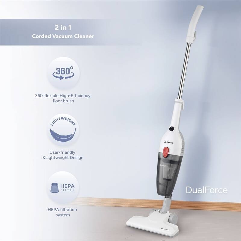 Tyčový vysavač Rohnson R-1226 DualForce 2v1 šedý/bílý Detailní pohled na HEPA filtr a průhlednou nádobu na prach vysavače Rohnson R-1226 DualForce
