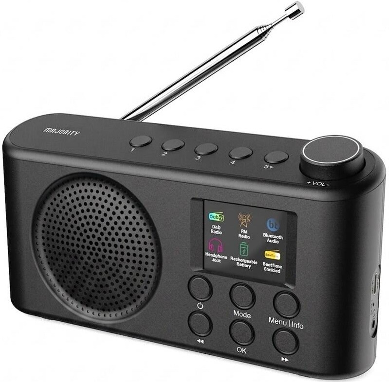 Přenosné digitální rádio Majority Orwell PRO s DAB+/FM tunerem a Bluetooth, černé provedení.