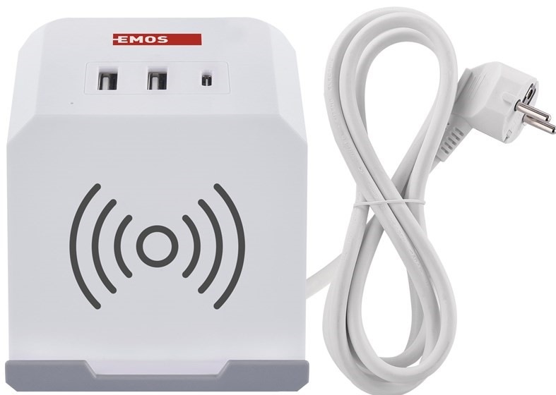 Kabel prodlužovací EMOS kostka, 2x zásuvka, 2×USB-A + 1×USB-C+ bezdrátové nabíjení, 2m - bílý