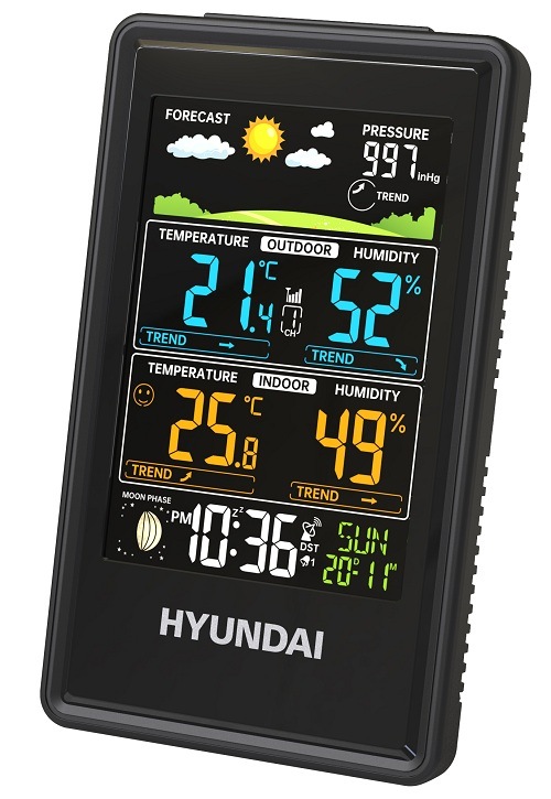 Černá meteostanice Hyundai WS 2350 zobrazující informace o počasí