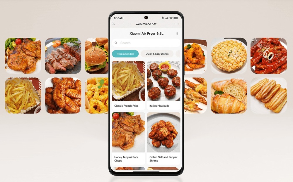 Fritéza horkovzdušná Xiaomi Air Fryer 6,5 l Black MAF-W6501 černá Náhled na prostředí aplikace a recepty, které jsou k dispozici online