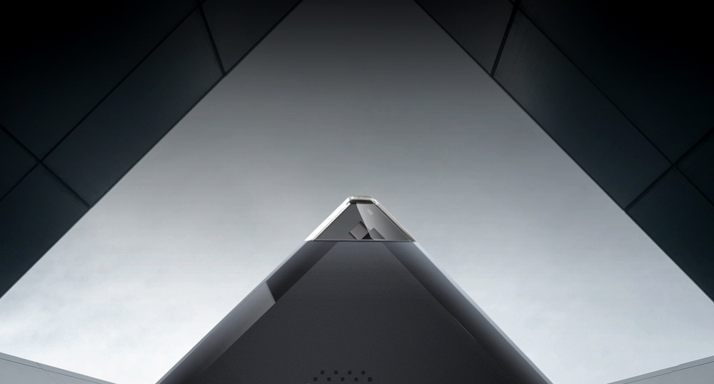 Externí DVD vypalovačka Asus ZenDrive V1M ultraslim USB-C černá Elegantní černá trojúhelníková konstrukce směřující k nebi v moderním, futuristickém designu s ostrými úhly.