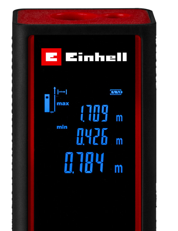 Detail displeje laserového dálkoměru Einhell Classic TC-LD 30 R se zobrazením min a max měření