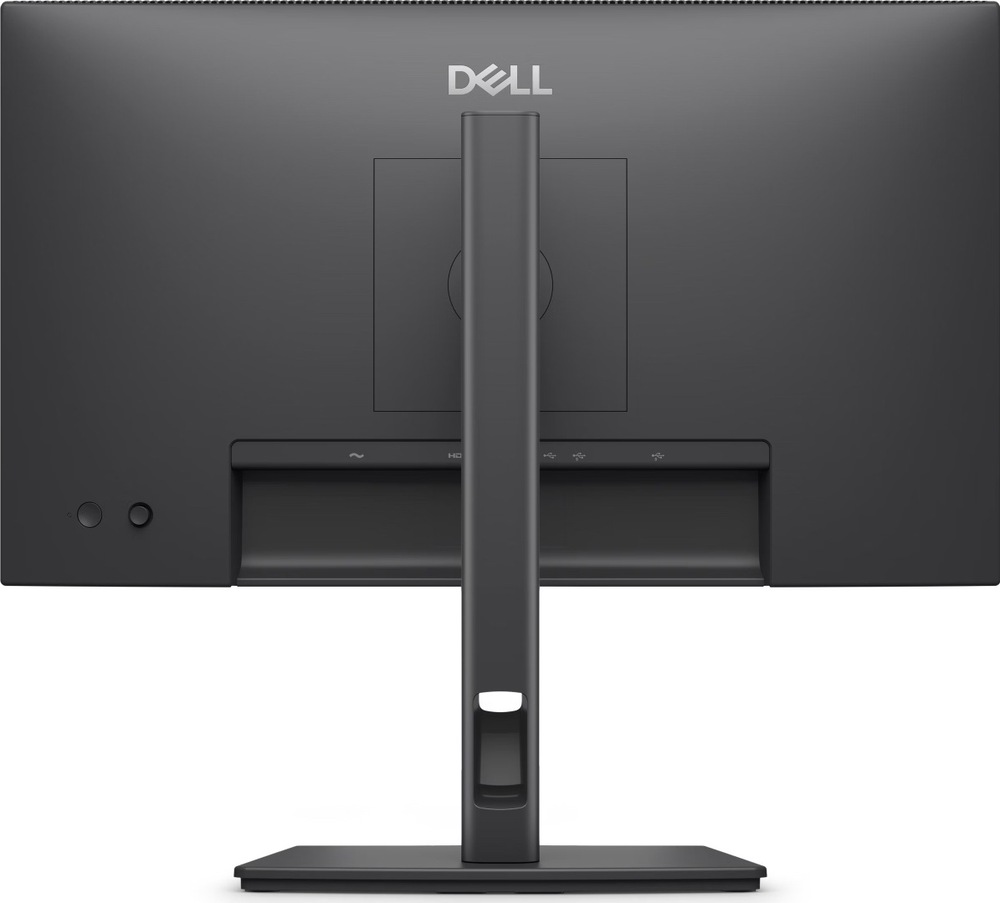 Zadní strana černého monitoru Dell Pro P2226H se středovým stojanem, otvorem pro vedení kabelů a konektory ve spodní části.