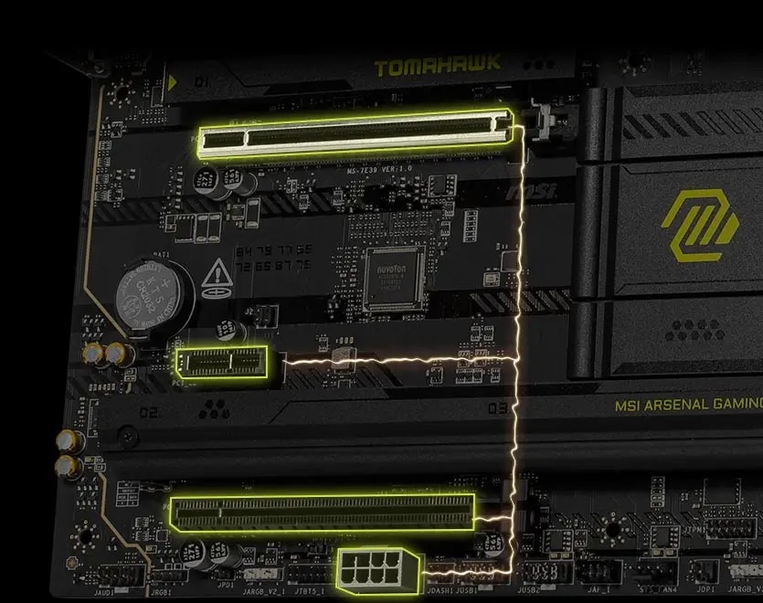 Detailní záběr základní desky s vyznačenými PCI sloty a zeleně svítícími obvody. Design působí technicky a moderně a vyzařuje inovativnost.