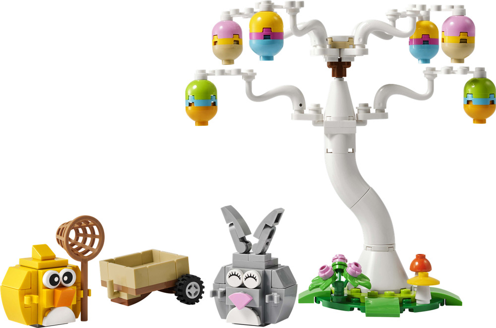 Stavebnice LEGO® 40808 Velikonoční zajíček, kuřátko a sběr vajíček Barevná jarní scénka poslouží jako velikonoční dekorace, kterou lze po dokončení vystavit na stůl nebo poličku.