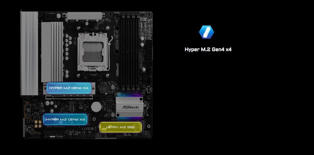 Základní deska s označenými sloty Hyper M.2 Gen4 x4 zvýrazněnými modře a žlutě na černém pozadí. Viditelné logo ASRock.