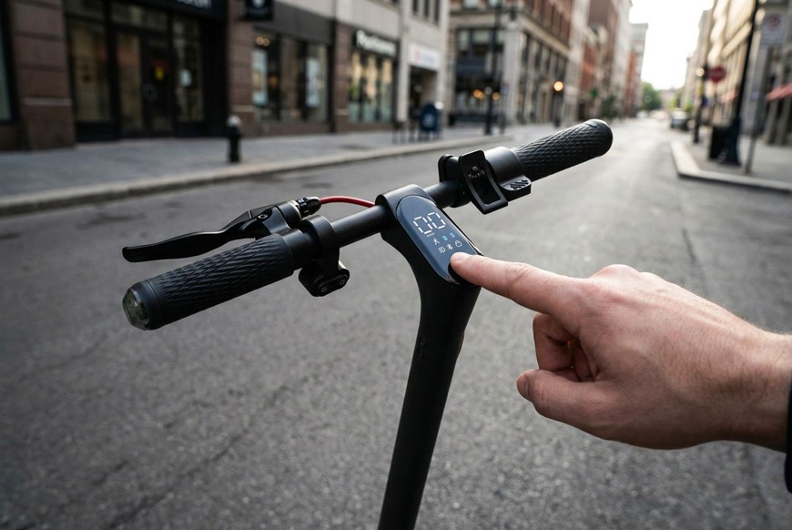 Elektrická koloběžka Sencor SCOOTER S25 černá Detail řídítek elektrické koloběžky Sencor SCOOTER S31 s digitálním displejem zobrazujícím aktuální rychlost a stav jízdy. Uživatel ovládá koloběžku dotykem tlačítka přímo na panelu.
