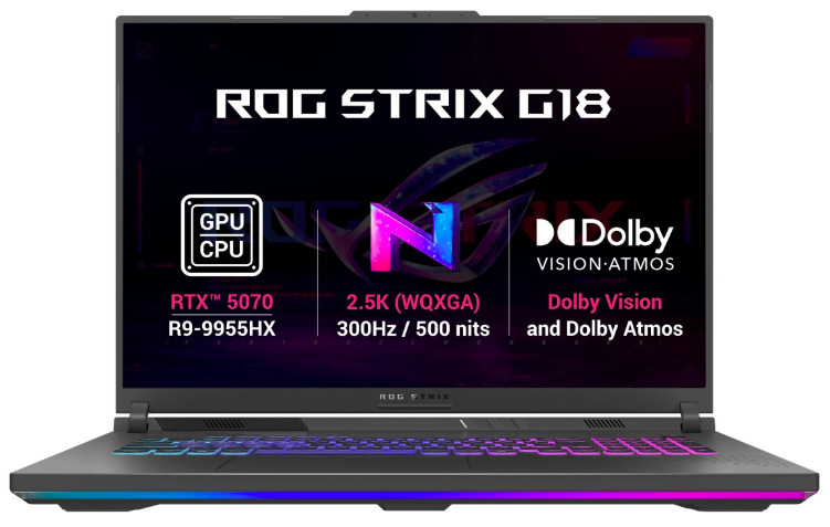 Přehled grafiky RTX 5070, displeje WQXGA 300 Hz a technologií Dolby Vision a Atmos