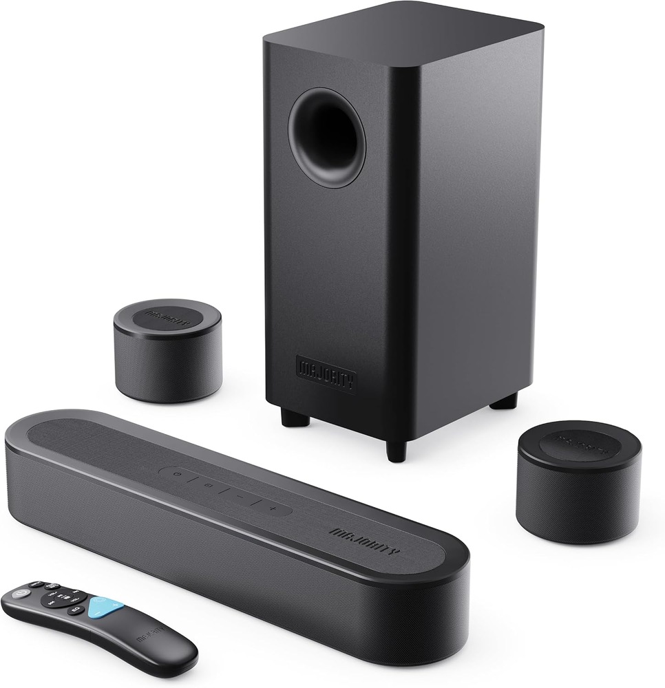 Soundbar Majority Bowfell Halo s drátovým subwooferem, dvěma zadními reproduktory a dálkovým ovládáním.