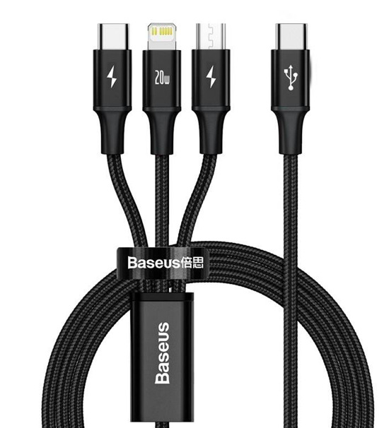 Kabel Baseus Rapid Series 3v1 USB-C (Micro USB/Lightning/USB-C) PD 20W 1,5m černý Kabel Baseus Rapid Series 3v1 USB-C (Micro USB/Lightning/USB-C) PD 20W 1,5m černý