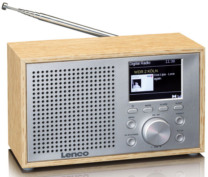 Radiopřijímač Lenco DAR-017WH se vysunutou teleskopickou anténou a přehledným ovládacím panelem zepředu
