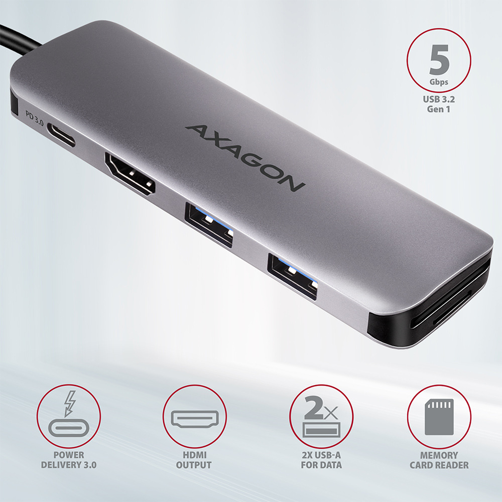 USB Hub Axagon USB 3.2 Gen 1 hub, 2x USB-A, HDMI, SD/microSD slot, PD 100W, kabel USB-C 20cm šedý USB Hub Axagon USB 3.2 Gen 1 hub, 2x USB-A, HDMI, SD/microSD slot, PD 100W, kabel USB-C 20cm šedý